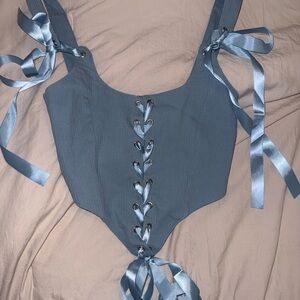 Blue Lace-Up Corset Top with Ribbon Ties